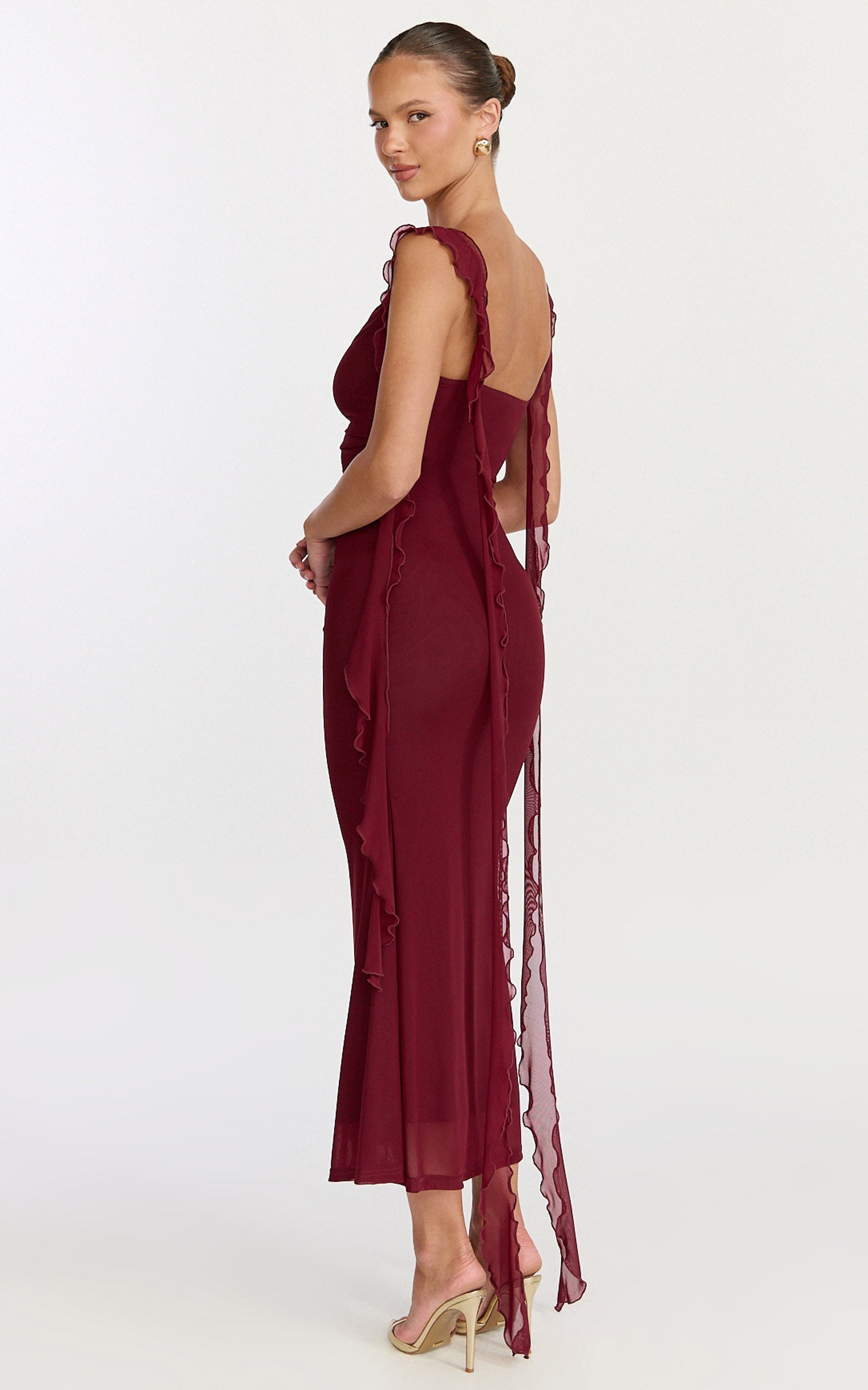 Rosha Midi Dress - Ruffle Strap Dress in Wine