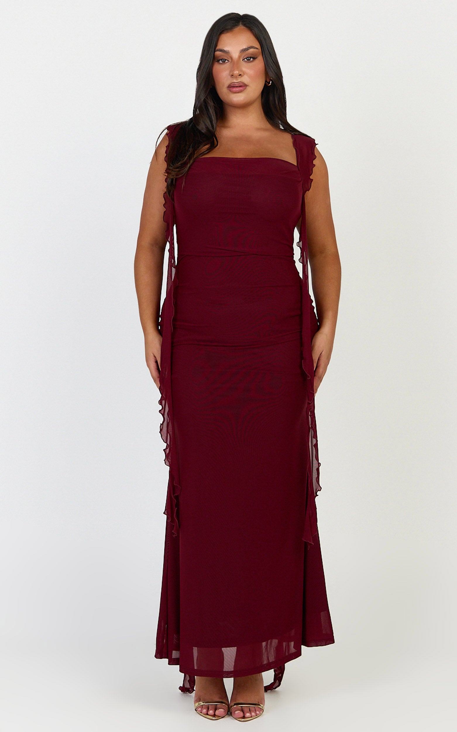 Rosha Midi Dress - Ruffle Strap Dress in Wine