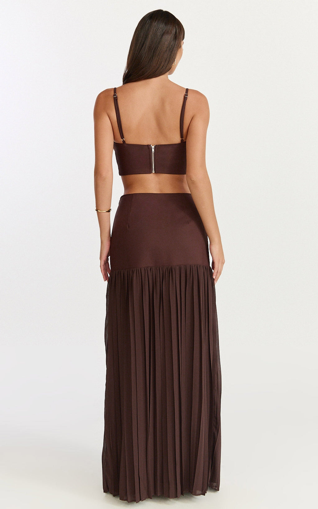 Rowan Two Piece Top and Skirt Set - Square Neck Crop Top and High Waist Pleated Maxi Skirt Set in Chocolate