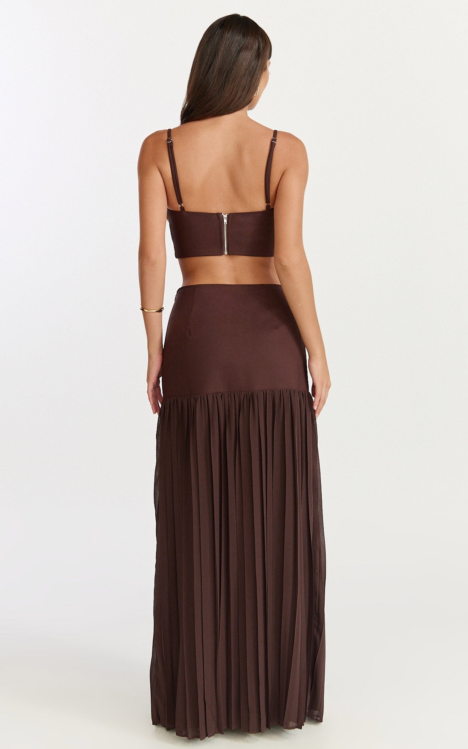Rowan Two Piece Top and Skirt Set - Square Neck Crop Top and High Waist Pleated Maxi Skirt Set in Chocolate