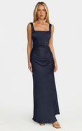 Rumi Maxi Dress - Ruched Bodice Satin Dress in Navy