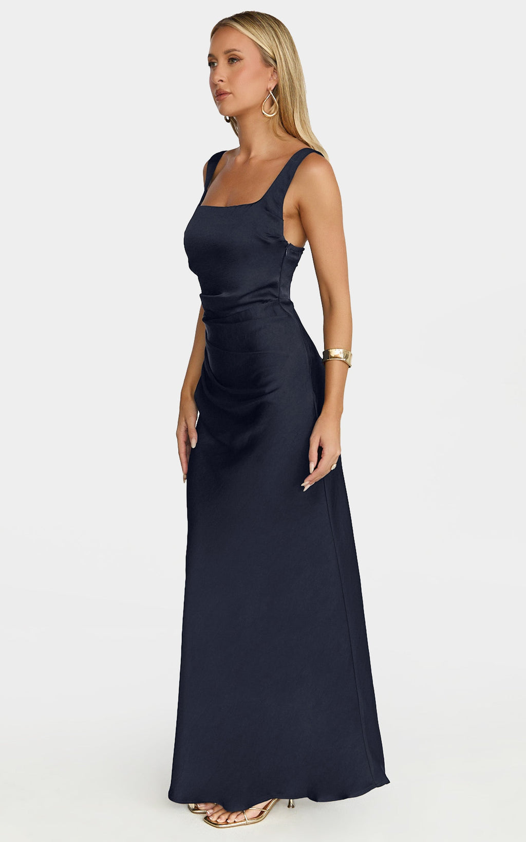 Rumi Maxi Dress - Ruched Bodice Satin Dress in Navy