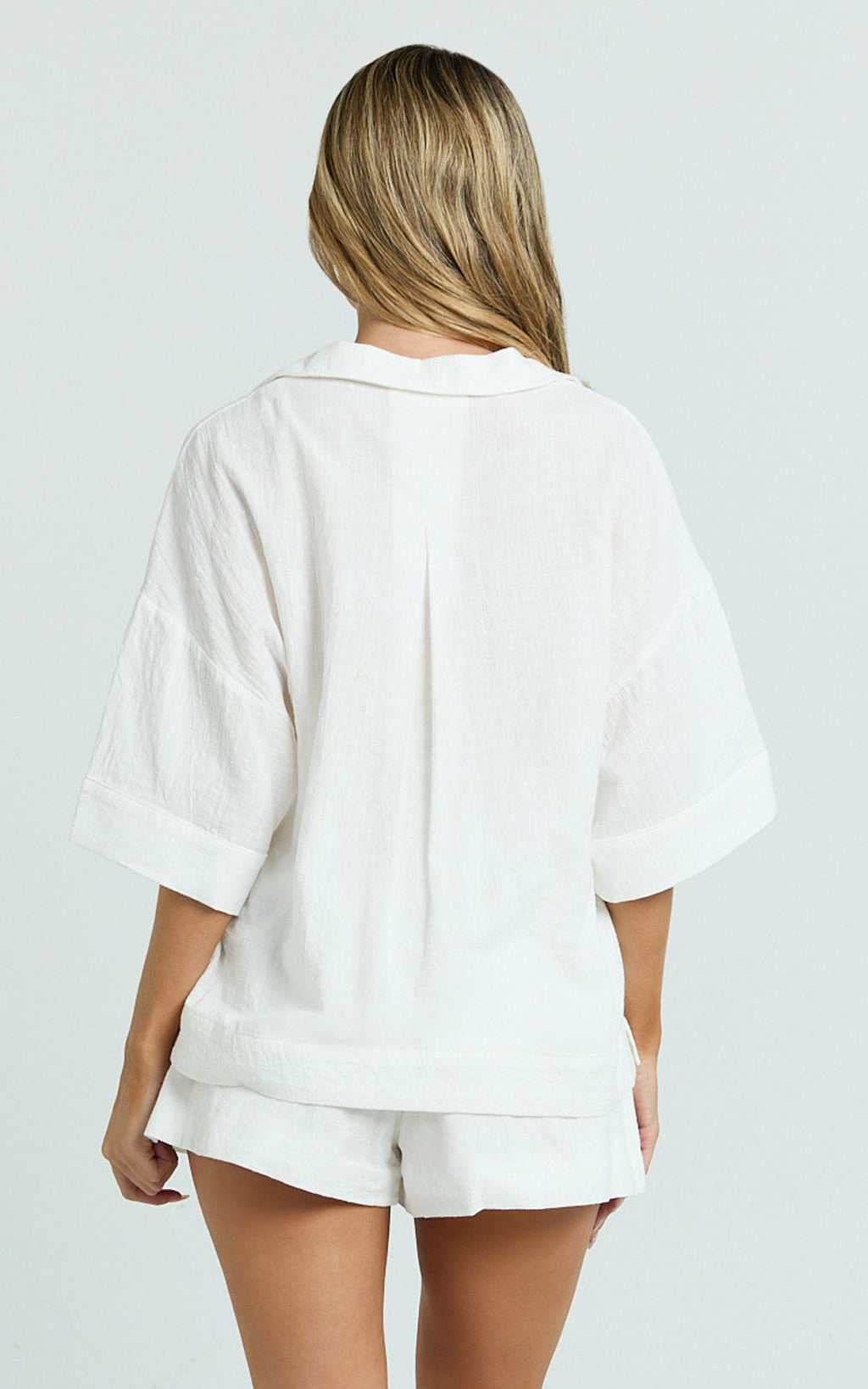 Saina Two Piece Set - Button Through Shirt and Drawstring Shorts Set in White