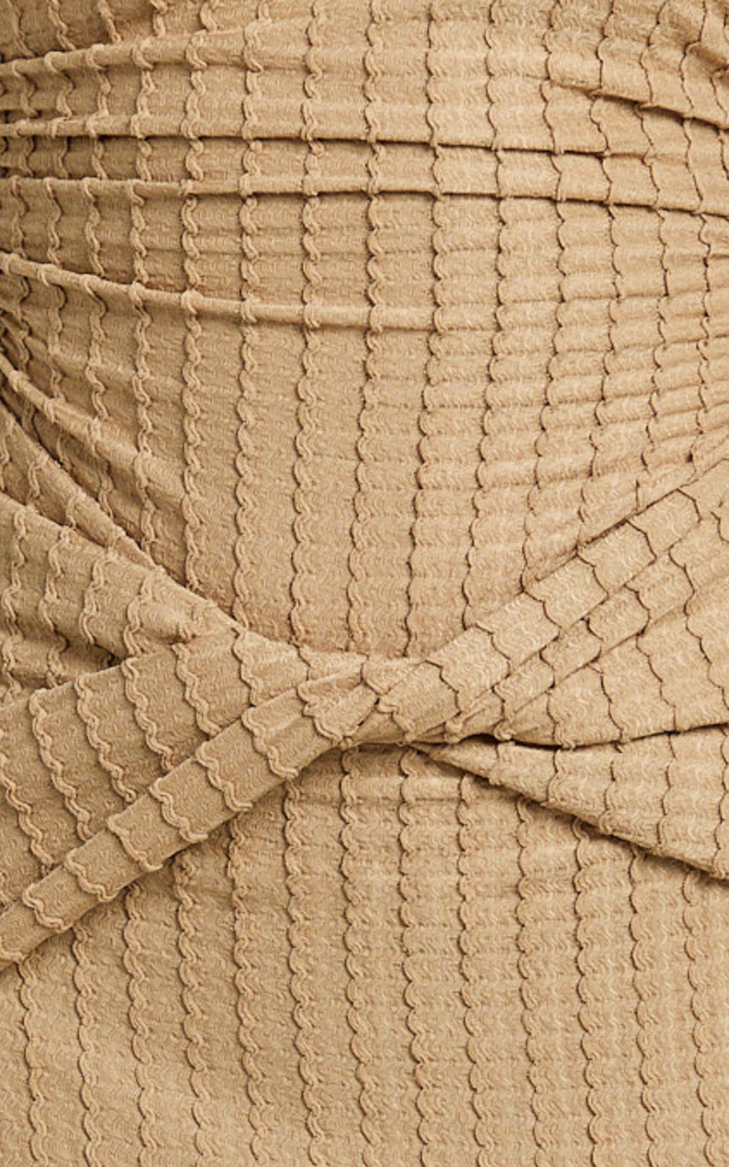 Santiago Midi Dress - Textured Jersey Strapless Twist Waist Dress in Beige