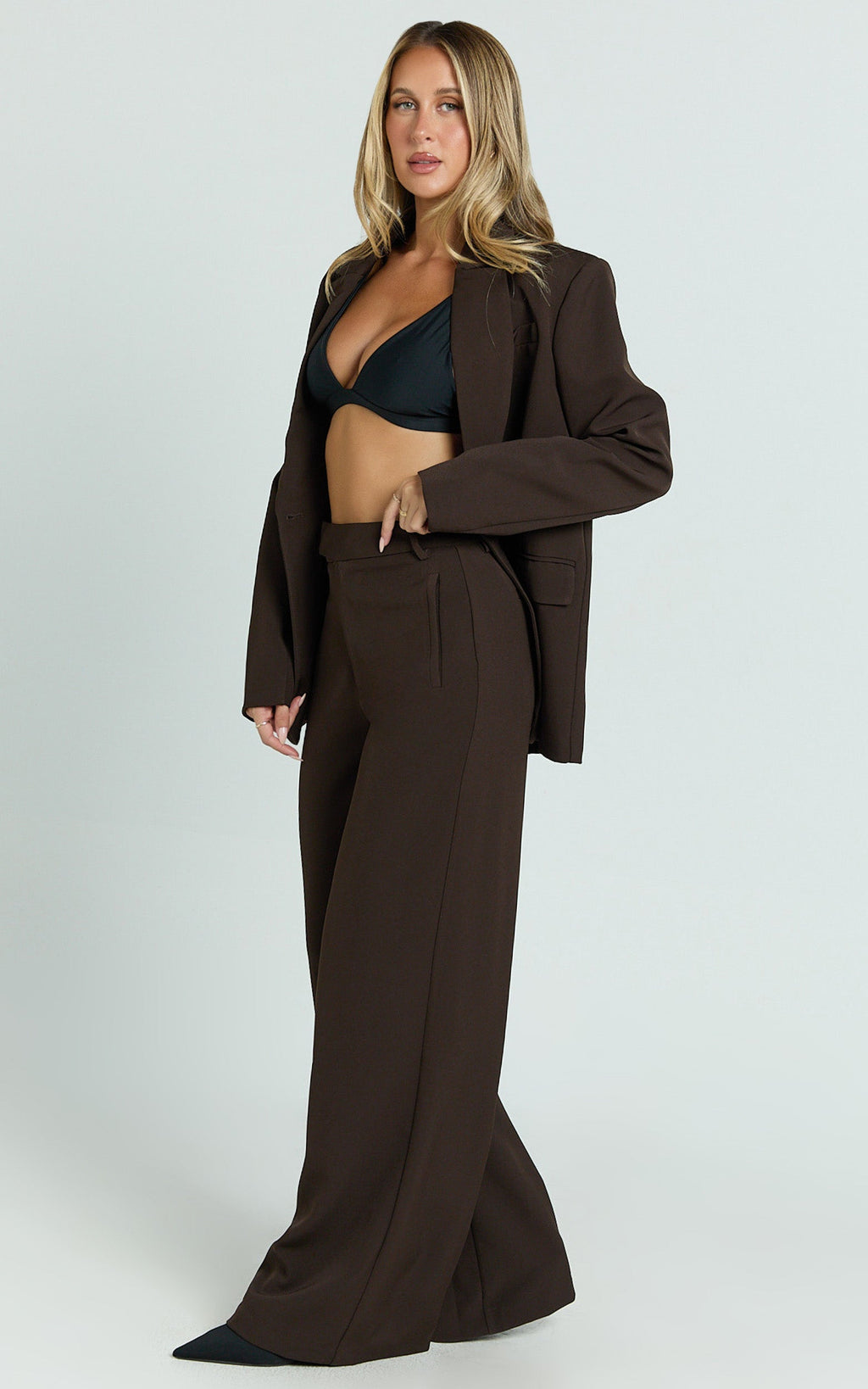 Selena Pants - High Waisted Wide Leg Tailored Pants in Brown