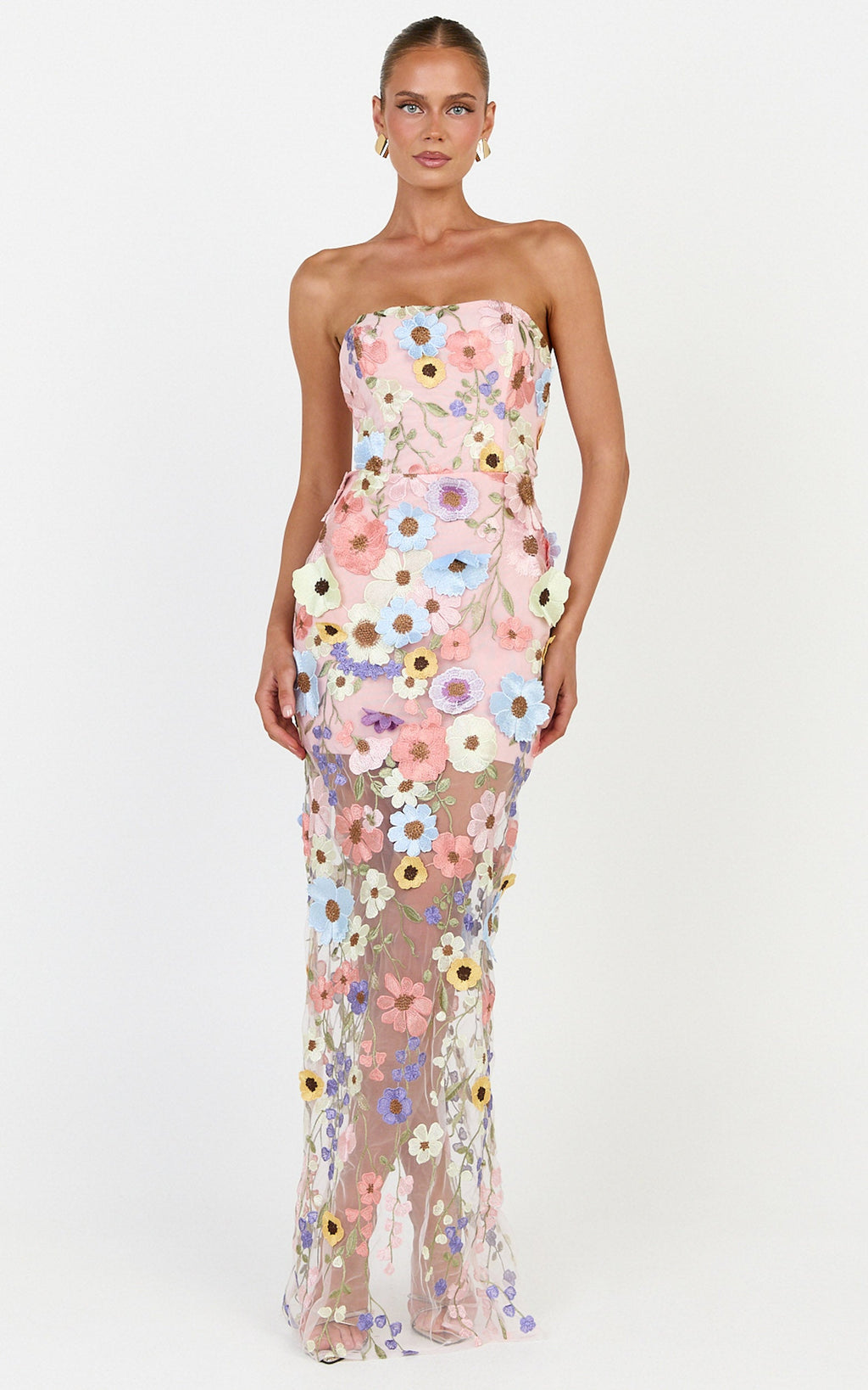 Sienna Maxi Dress - 3D Floral Strapless Column Dress in Multi