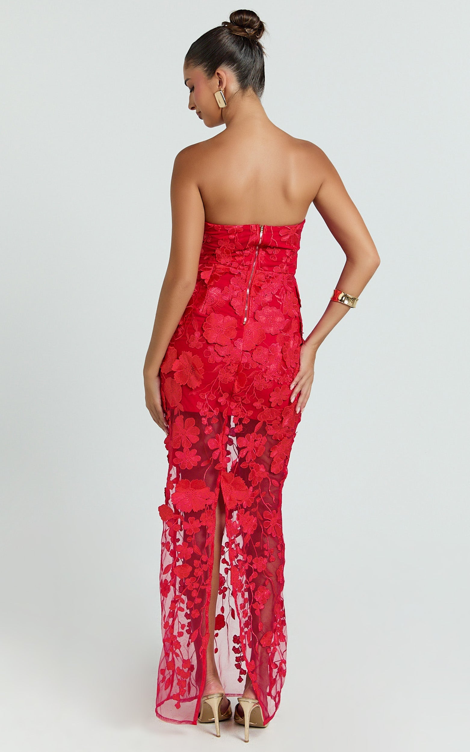 Sienna Maxi Dress - 3D Floral Strapless Column Dress in Red
