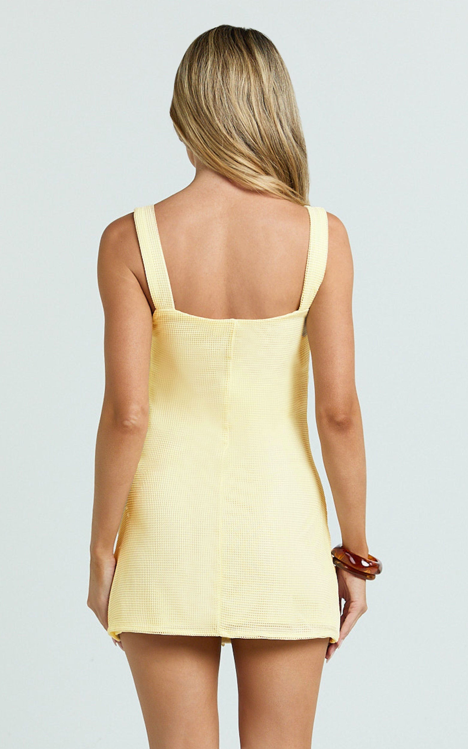 Sienna Mini Dress - Square Neck Floral Embroidered A Line Dress in Lemon