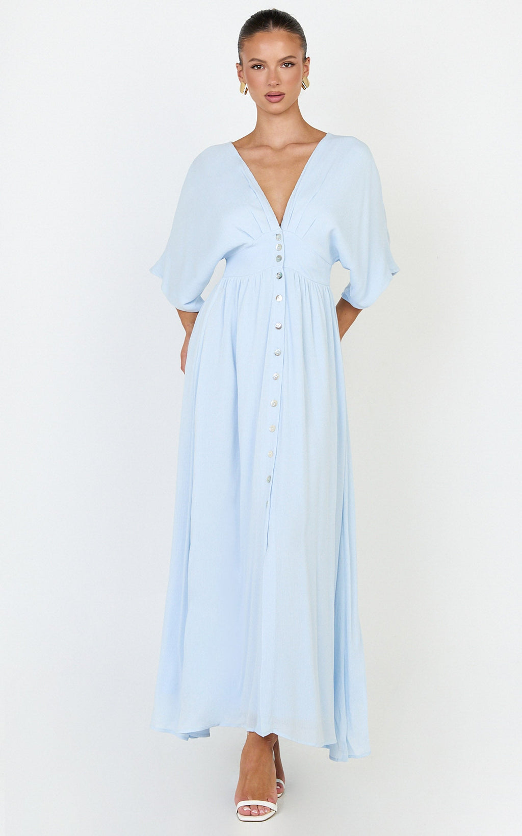 Sitting Pretty Maxi Dress - Short Sleeve Button Down Dress in Light Blue