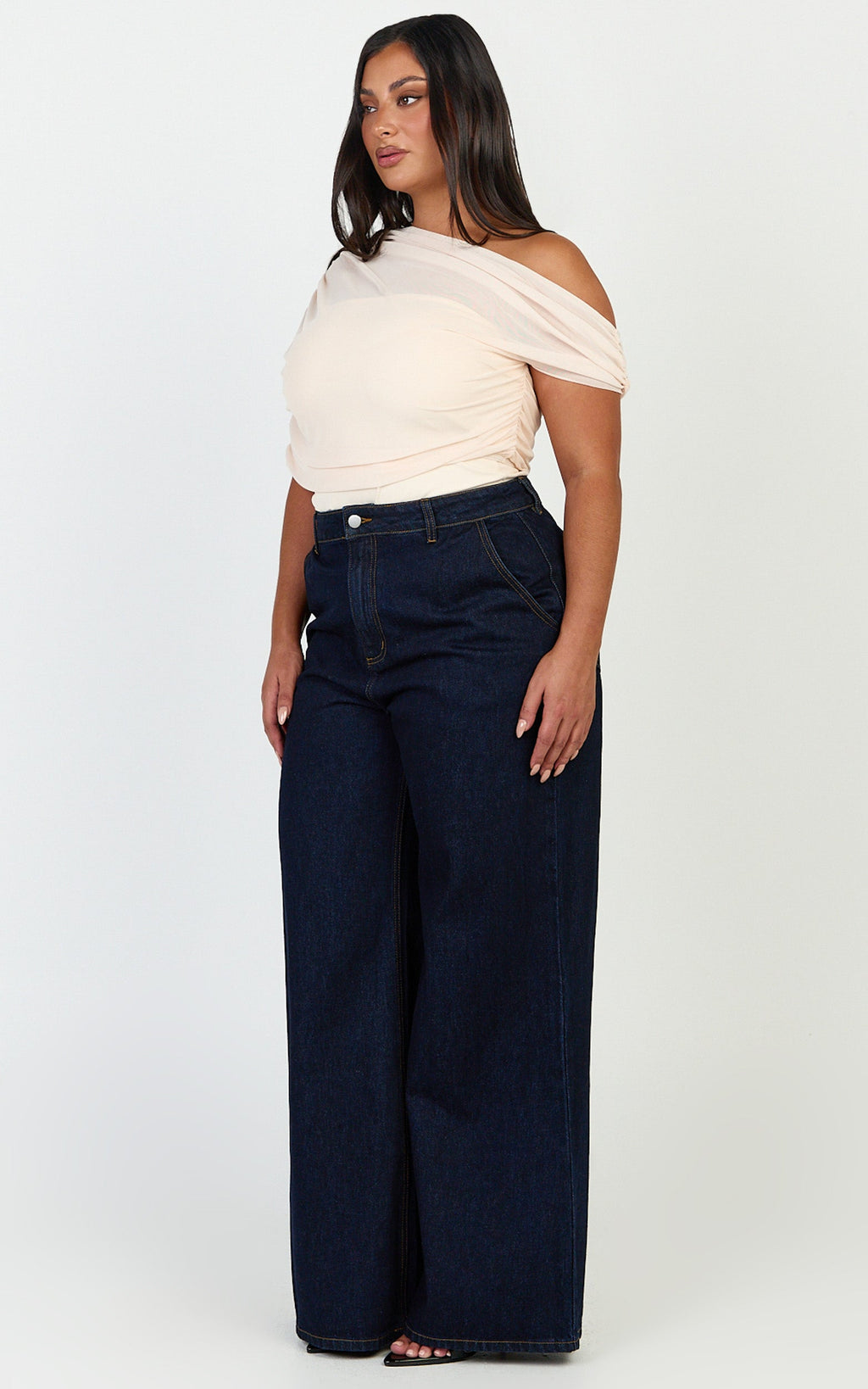 Sophia Top - Draped One Shoulder Mesh Overlay Top in Cream