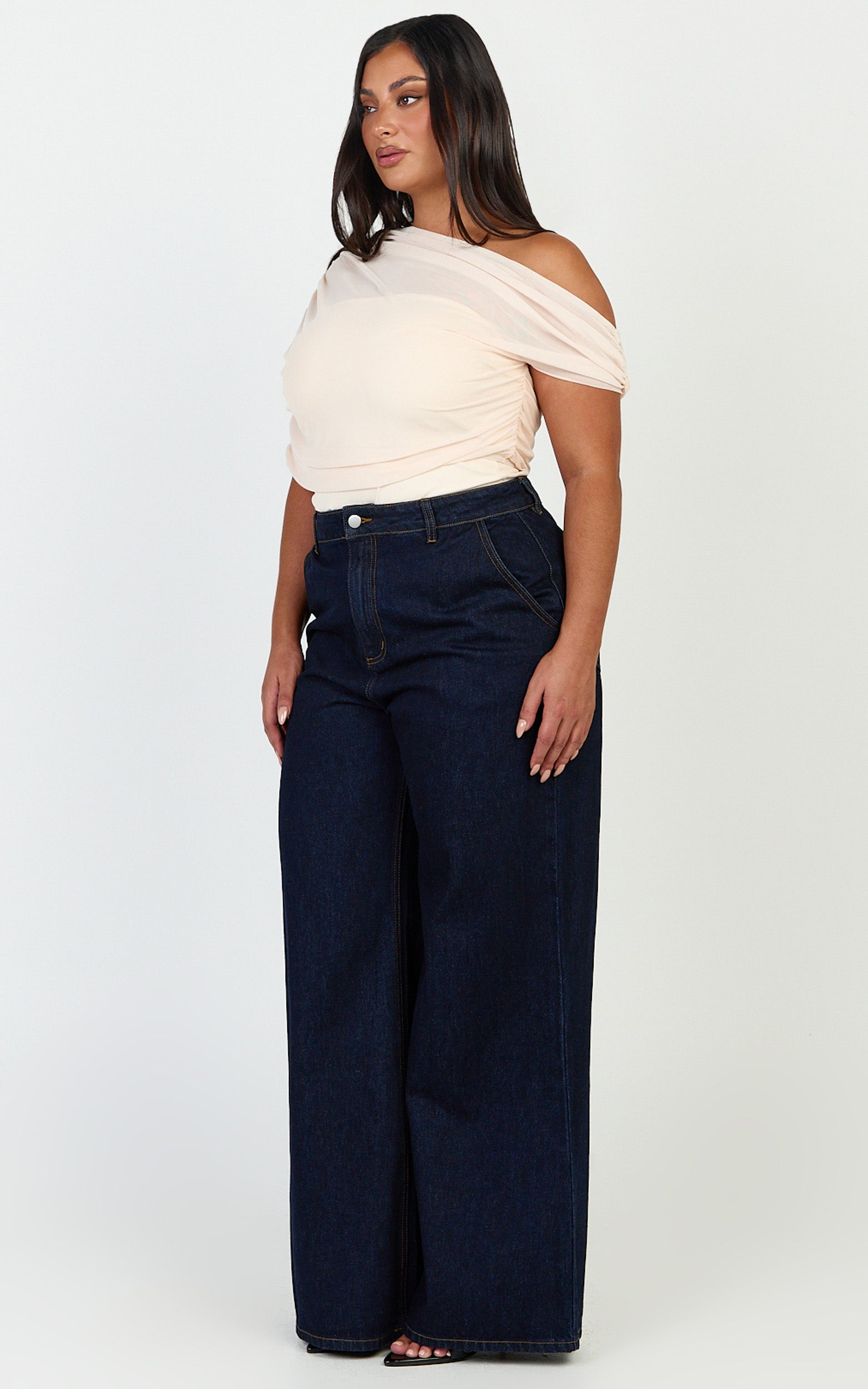 Sophia Top - Draped One Shoulder Mesh Overlay Top in Cream