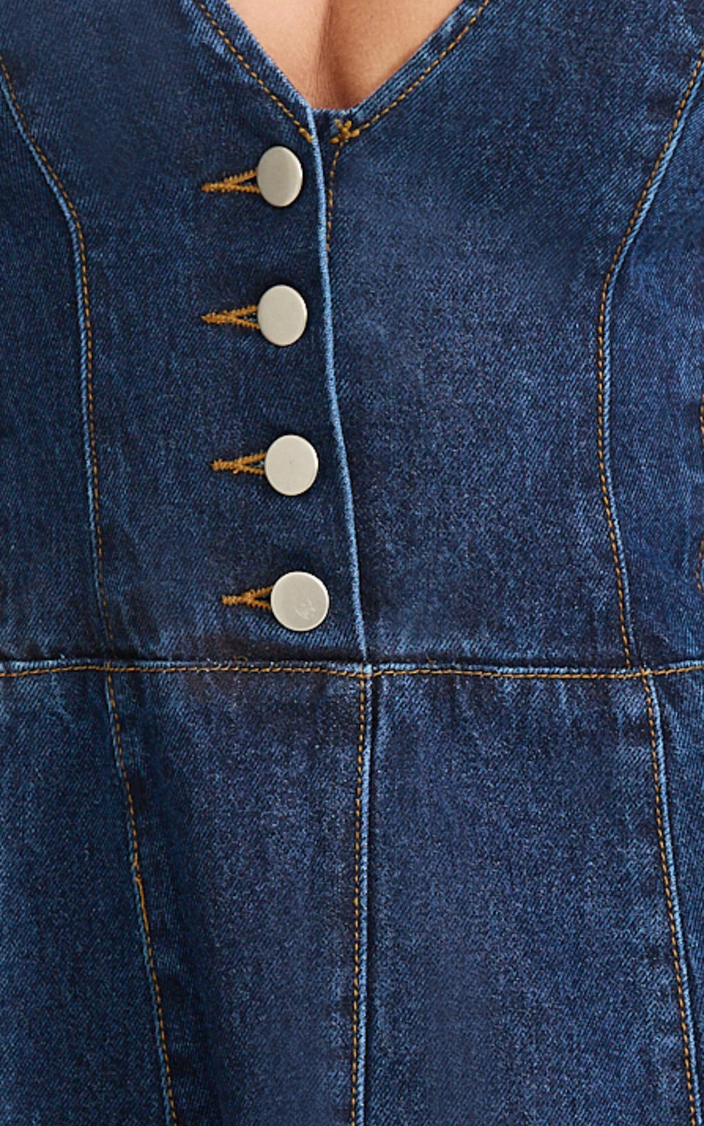 Sophie Mini Dress - Puff Sleeve V Neck Button Down Denim Dress in Dark Blue Wash