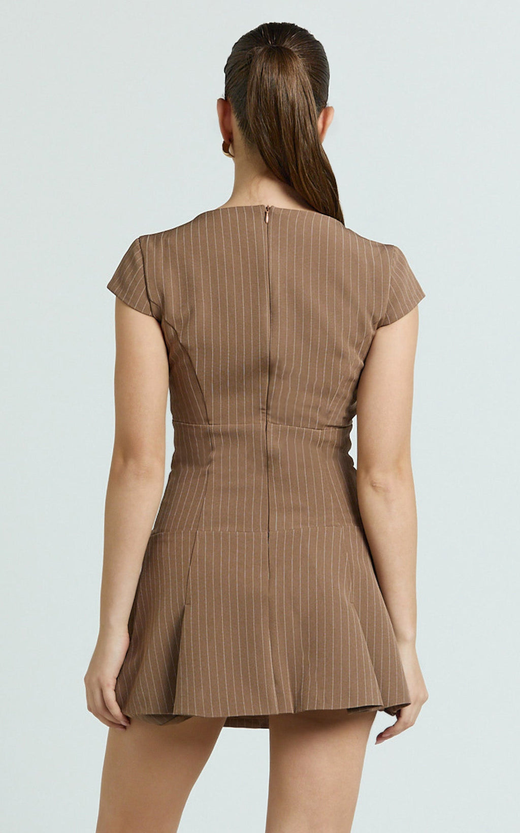 Steph Mini Dress - V Neck Cap Sleeve Pleat Skirt Dress in Chocolate