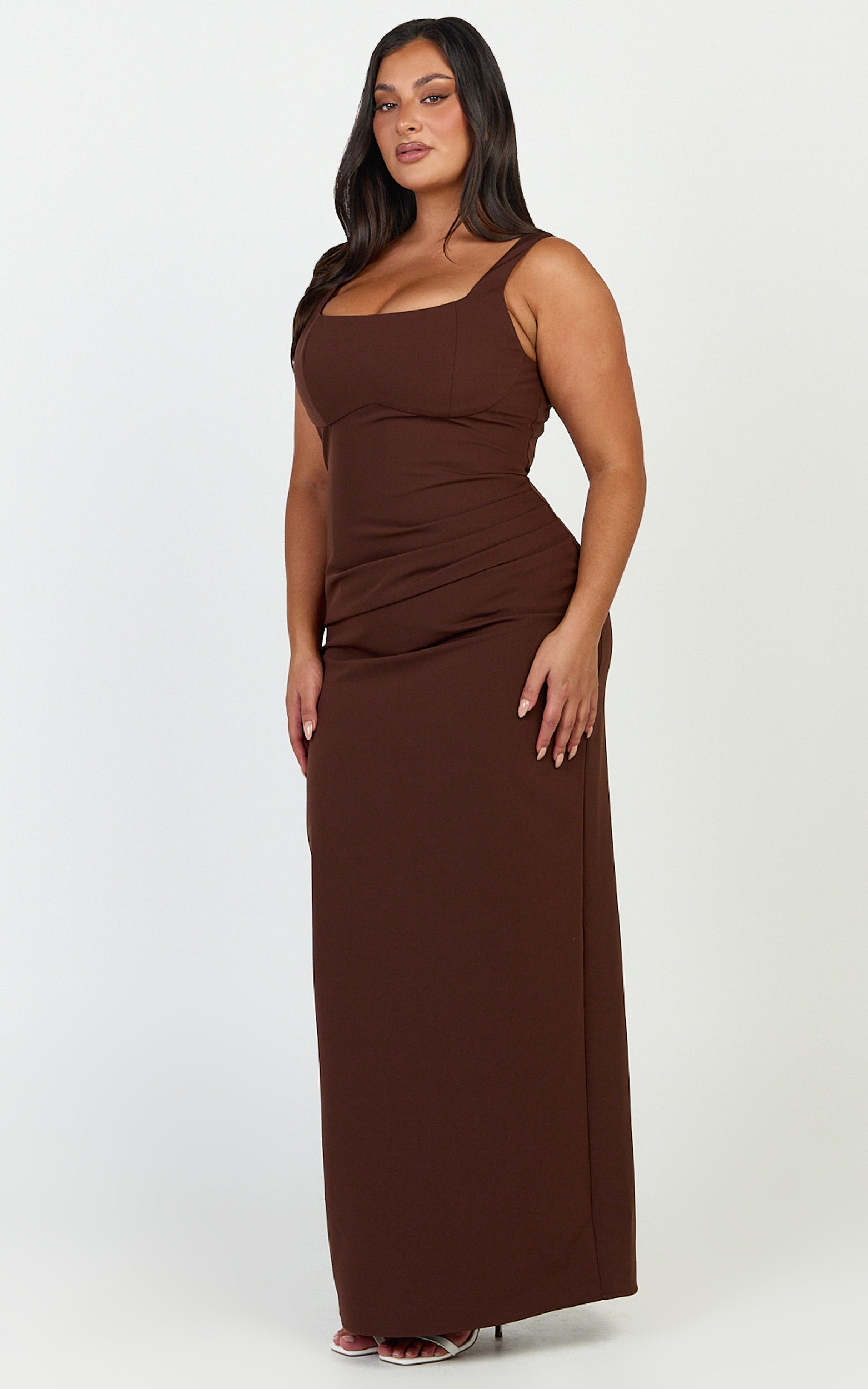 Stormi Maxi Dress - Balconette Bodice Side Split Dress in Chocolate