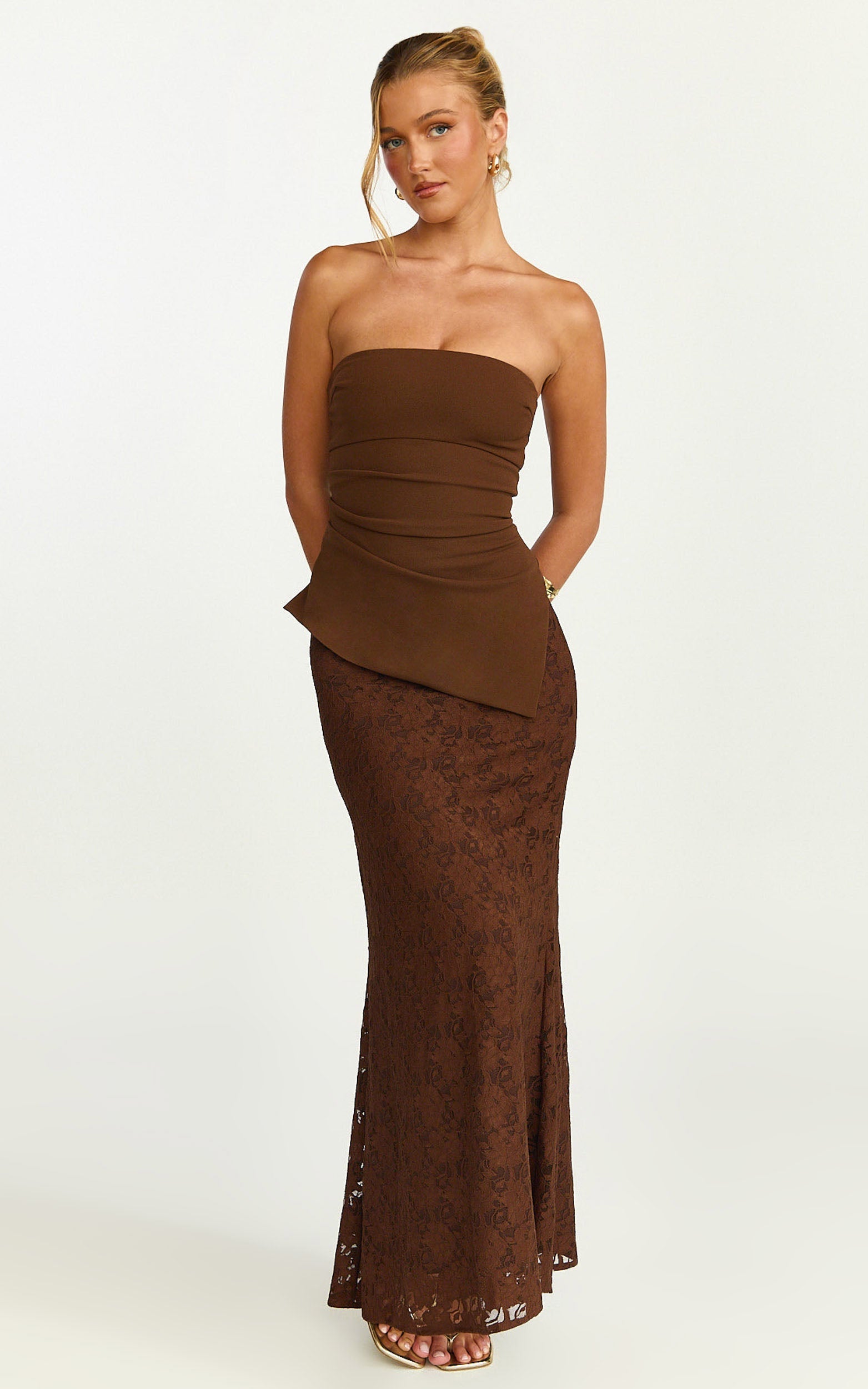 Talia Two Piece Top and Skirt Set - Strapless Top and Lace Maxi Skirt Set in Chocolate