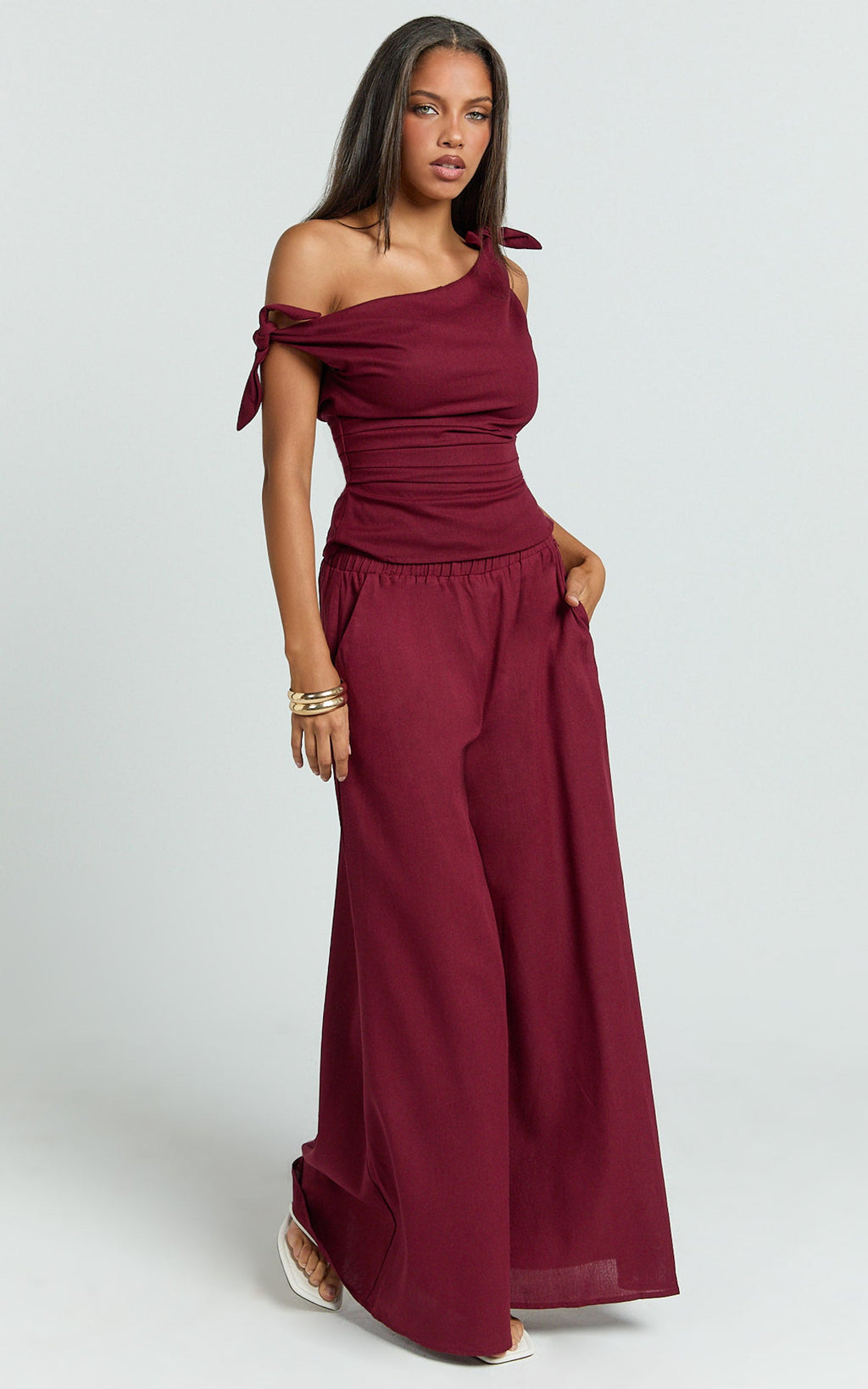 Tamara Pants - High Elasticated Waist Wide Leg Pants in Berry