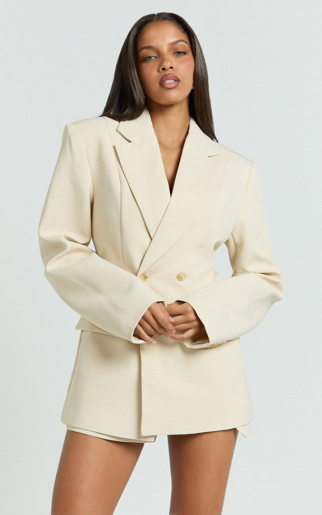 Tessa Blazer - Oversized Cinch Waist Double Breasted Blazer in Beige