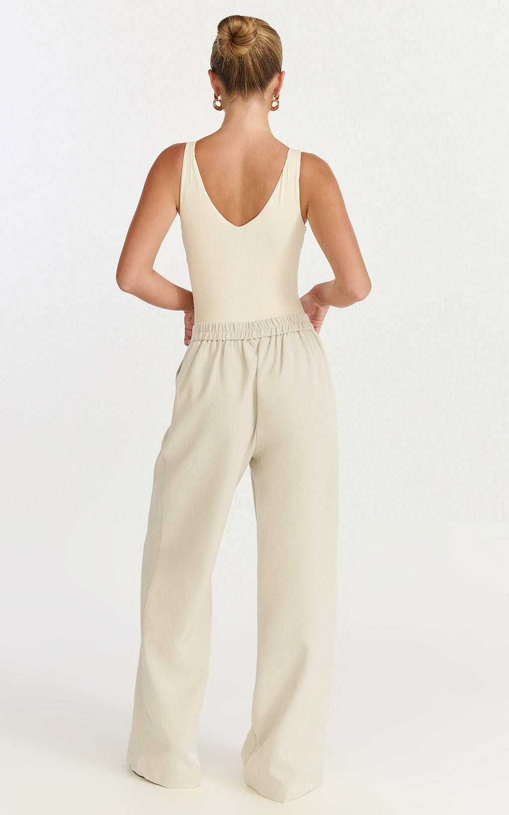 Tessa Pants - Elastic Back Pull On Tailored Pants in Beige