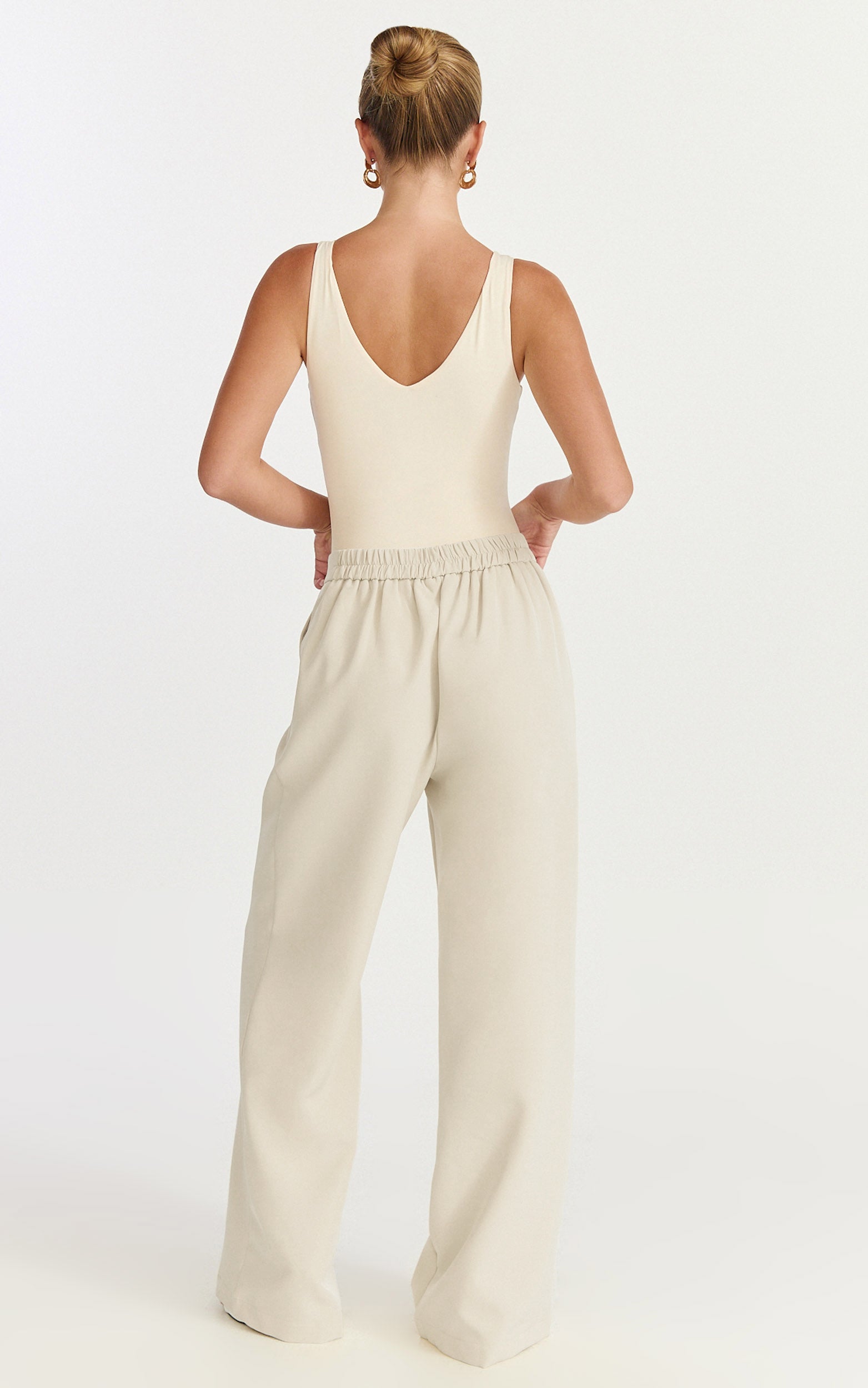Tessa Pants - Elastic Back Pull On Tailored Pants in Beige