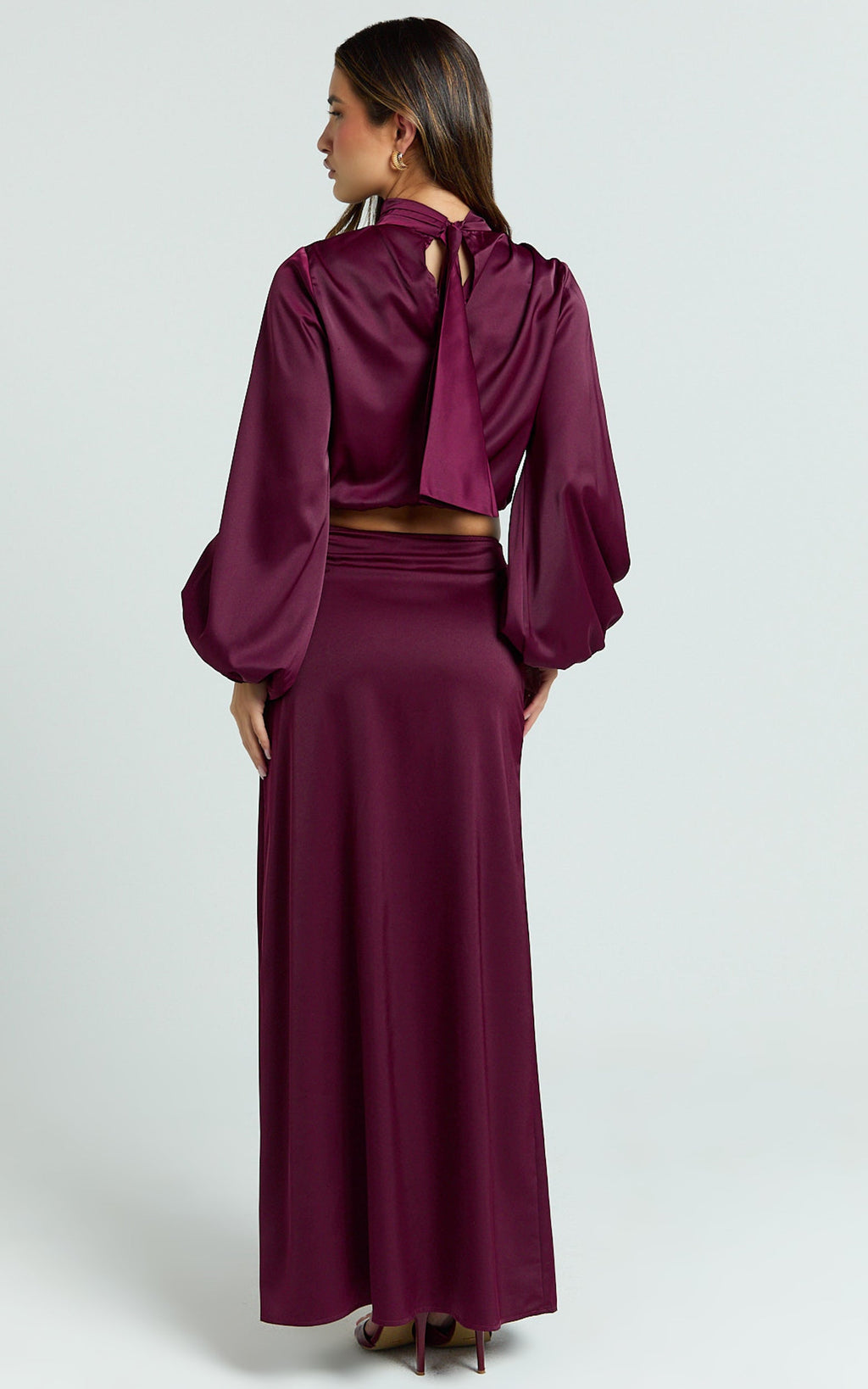 Tessie Two Piece Set - Long Sleeve Hight Neck Top and Maxi Skirt Set in Wine
