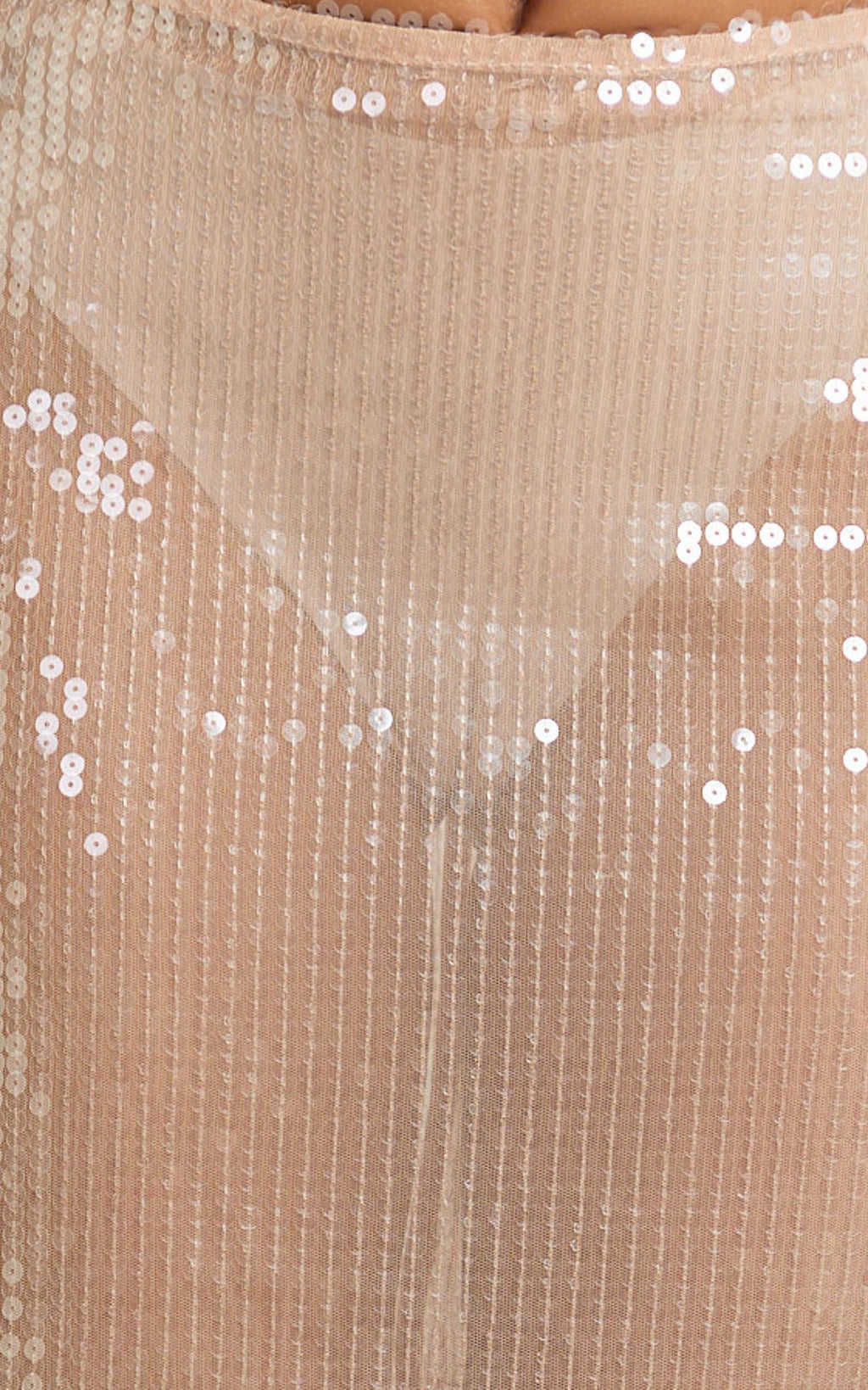 Tiffany Midi Skirt - Low Waisted Sheer Sequin Skirt in Nude Sequin