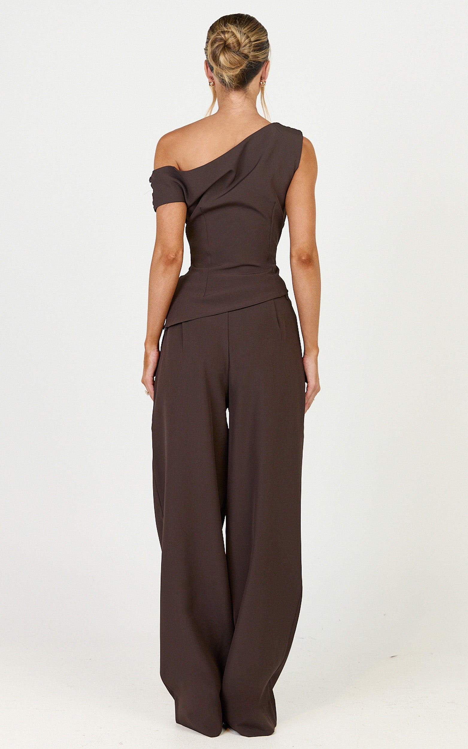 Valentina Two Piece Top and Pants Set - Off Shoulder Asymmetric Hem Top And Wide Leg Pants Set in Dark Chocolate
