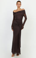 Waverly Maxi Dress - Long Sleeve Off Shoulder Dress in Chocolate