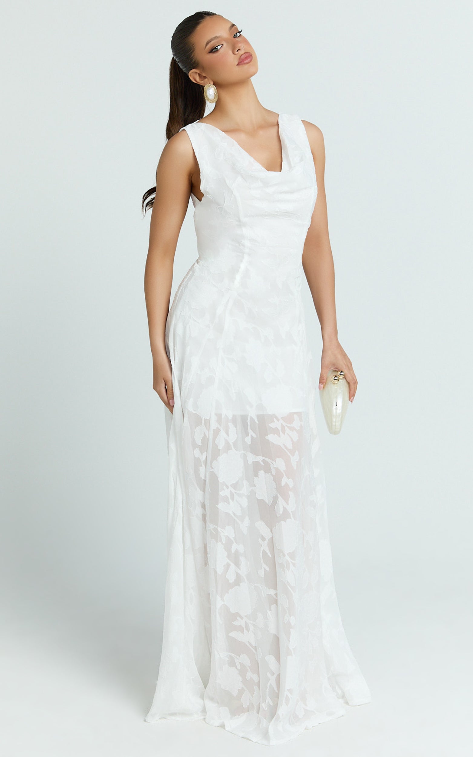 Ziva Maxi Dress - Jacquard Cowl Neck Dress in White