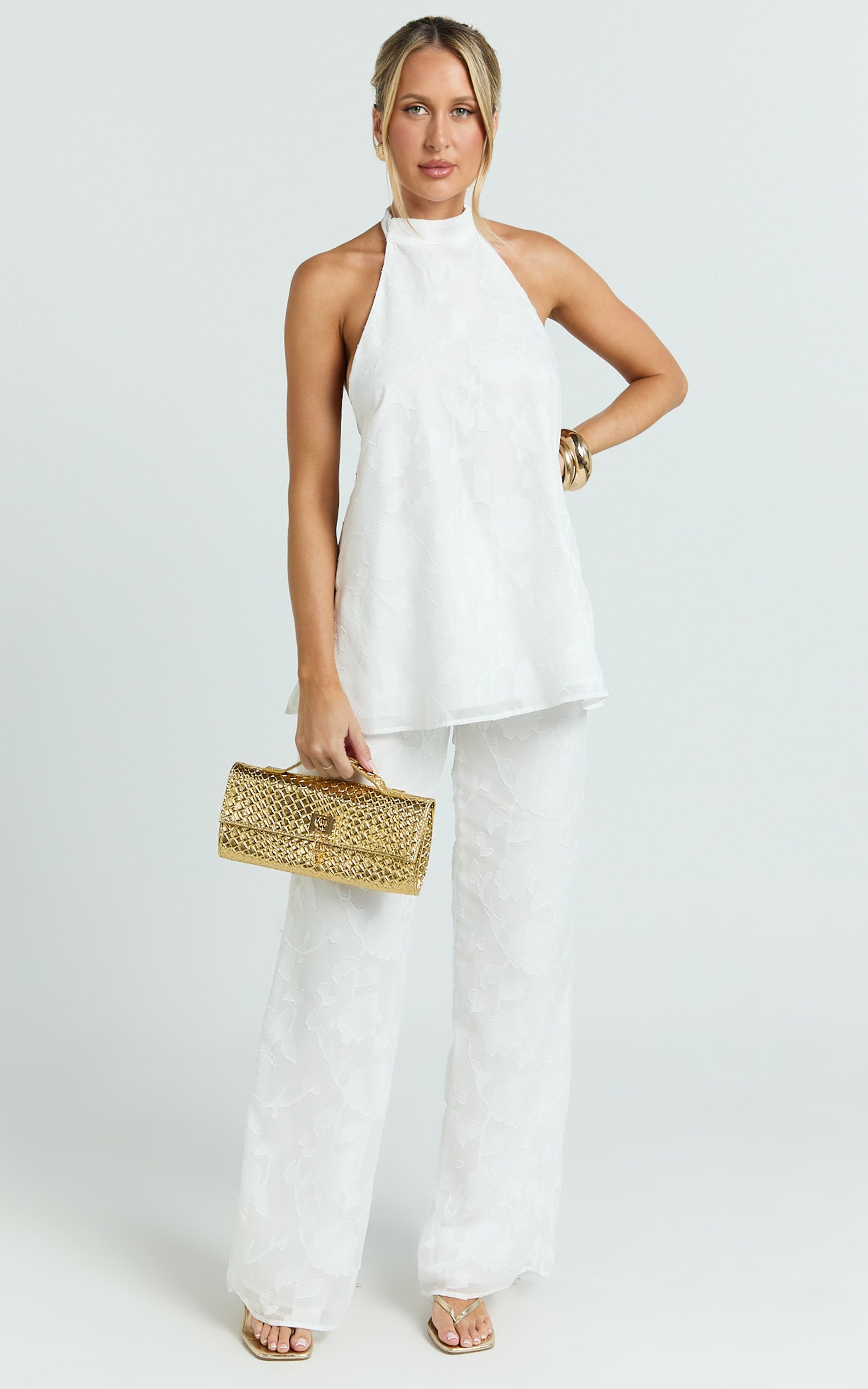 Ziva Two Piece Top and Pants Set - Halter Backless Top And Pants in White