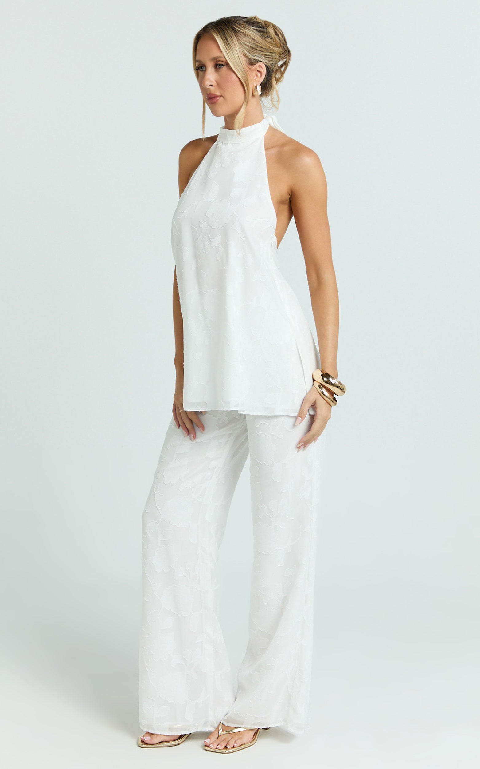 Ziva Two Piece Top and Pants Set - Halter Backless Top And Pants in White